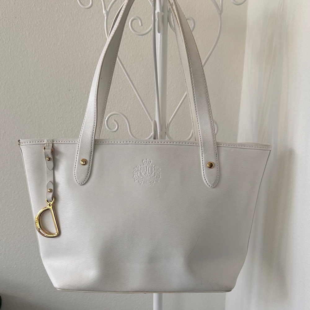 Ralph Lauren Double RL White Tote Bag with Gold Accents